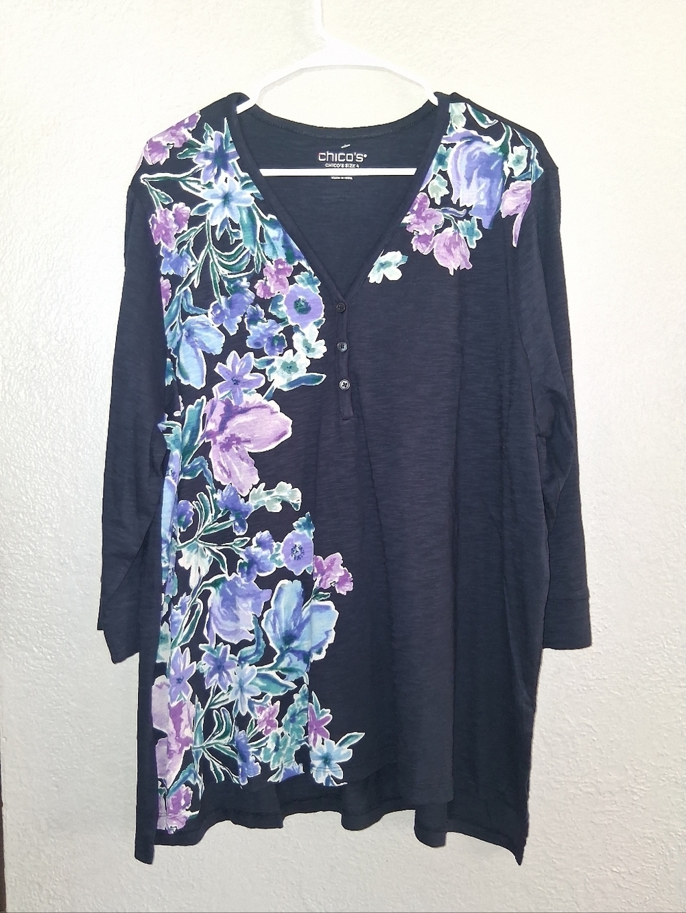 Chico's NWT FloralHenley Tiunic 3/4 Sleeve Classic Navy Top 4/XXL